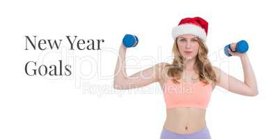 new year Goals text and woman lifting weights