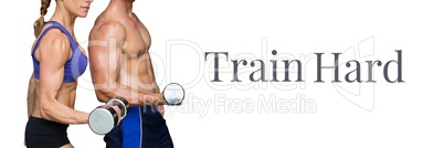 Train hard text and fitness couple lifting weights