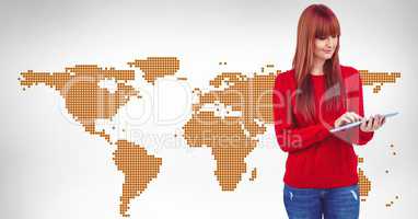 World map and woman with tablet