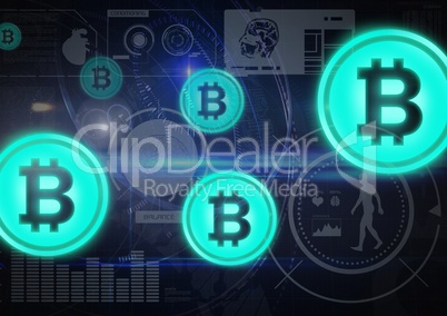 bitcoin graphic icons with technological background graphics