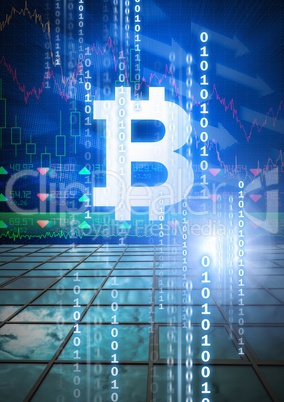 bitcoin graphic icon with binary code and market finance economy charts