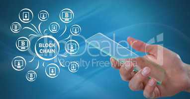 Block chain icons network and hand holding glass tablet