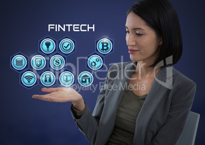 Businesswoman with hands palm open and Fintech with various business icons