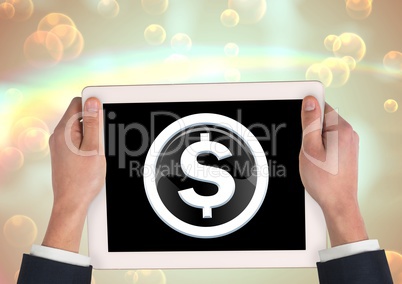 Money dollar icon in glass circle with hands holding tablet
