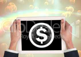 Money dollar icon in glass circle with hands holding tablet