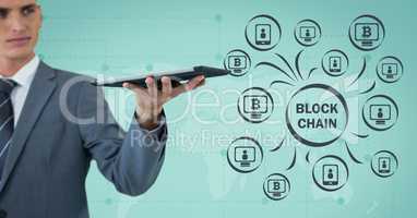 Block chain chart icons and man holding tablet