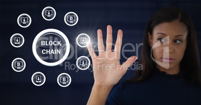 Businesswoman opening hand in front of block chain graphic icons