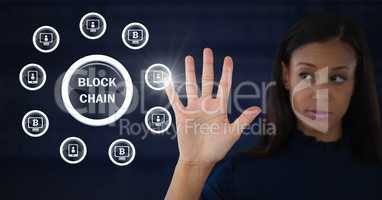 Businesswoman opening hand in front of block chain graphic icons