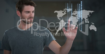 Businessman touching world map technology binary