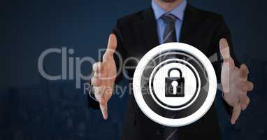 Businessman with hands palm open and security lock icon