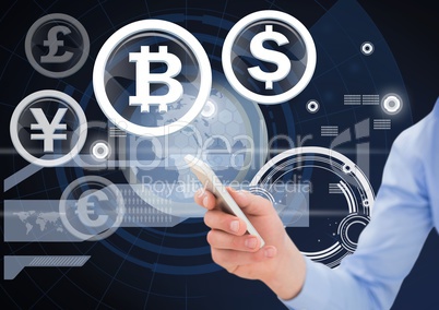 Currency and bit coin icons and hand holding phone