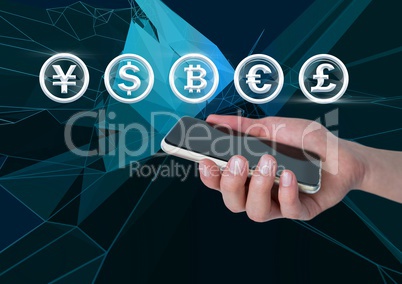 Currency icons and hand holding phone