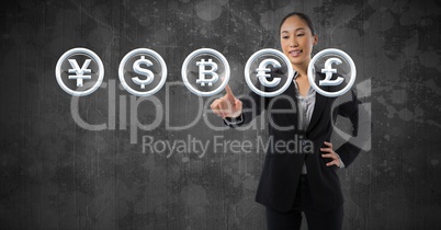 Businesswoman touching  bitcoin graphic icon and money currencies