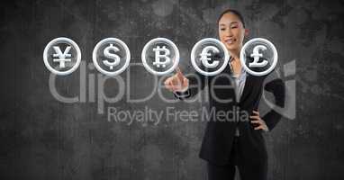 Businesswoman touching  bitcoin graphic icon and money currencies