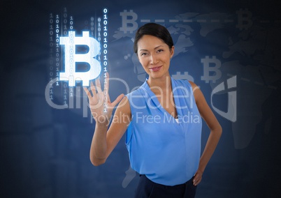 Businesswoman touching bitcoin graphic icon