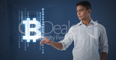 Businessman touching bitcoin graphic icon