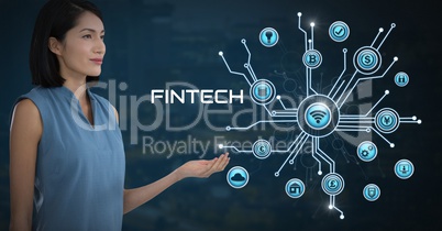 Businesswoman with hands palm open and Fintech with various business icons interface