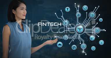 Businesswoman with hands palm open and Fintech with various business icons interface