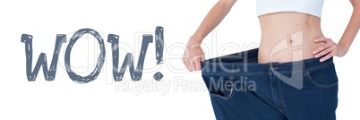Wow text and fit woman wearing oversized trousers