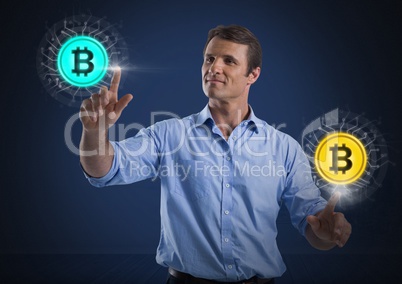 Businessman touching bitcoin graphic icons