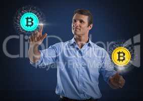 Businessman touching bitcoin graphic icons