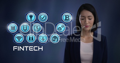 Businesswoman thinking Fintech with various business icons