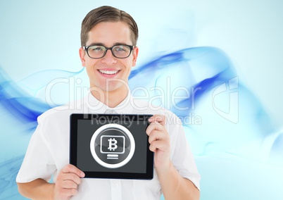 Bitcoin glass circle and man holding tablet