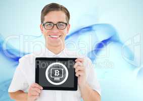 Bitcoin glass circle and man holding tablet