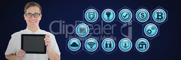 man holding tablet and business icons