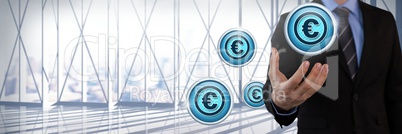 Euro icons and Businessman with hand palm open in city office Euro icons and Businessman with hand palm open in city office