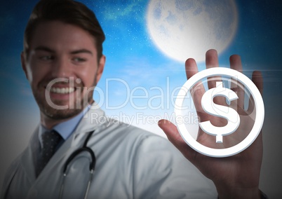 Doctor man touching dollar money graphic icon