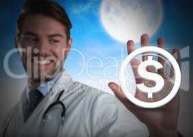 Doctor man touching dollar money graphic icon