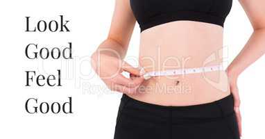 Look good feel good text with woman measuring waist