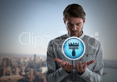 Clean brush icon and Businessman with hands palm open in city