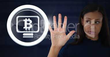 Businesswoman opening hand with bitcoin computer graphic icon