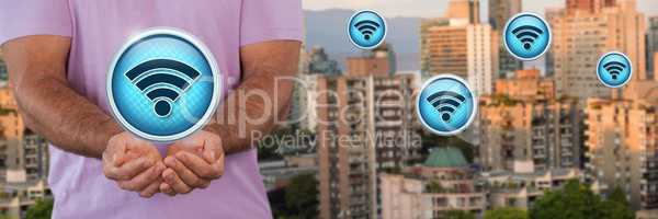 Wi-Fi icons and man with hands palm open in city
