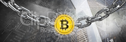 Chain holding bitcoin graphic icon in city transition