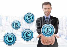 Currency icons and Businessman with hands palm open in city
