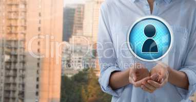 Profile contact icon and Businesswoman with hands palm open in city