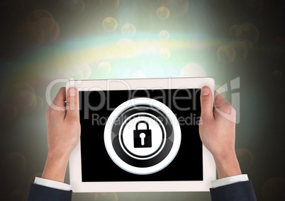 tablet in hands and security lock icon