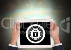 tablet in hands and security lock icon