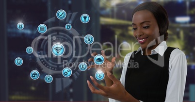 Businesswoman with hands palm open and various business icons