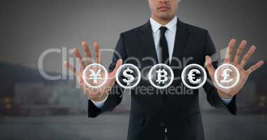 Businessman touching international money currency graphic icon