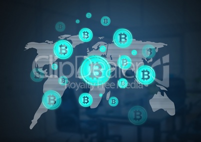 bitcoin graphic icons on world map