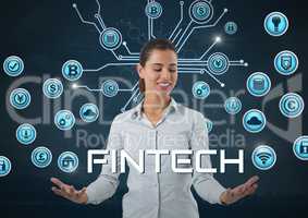 Businesswoman with hands palm open and Fintech with various business icons