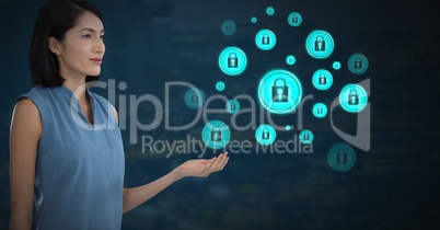 Businesswoman with hands palm open and security lock icons