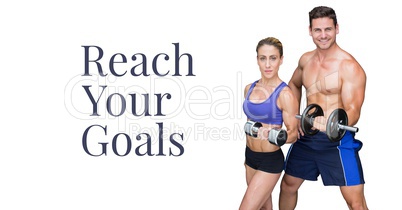 Reach your goals text and fitness couple lifting weights