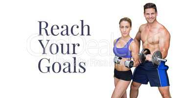Reach your goals text and fitness couple lifting weights