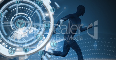 Man running and futuristic business icons technology interface