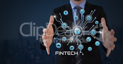 Businessman with hands palm open and Fintech with various business icons interface